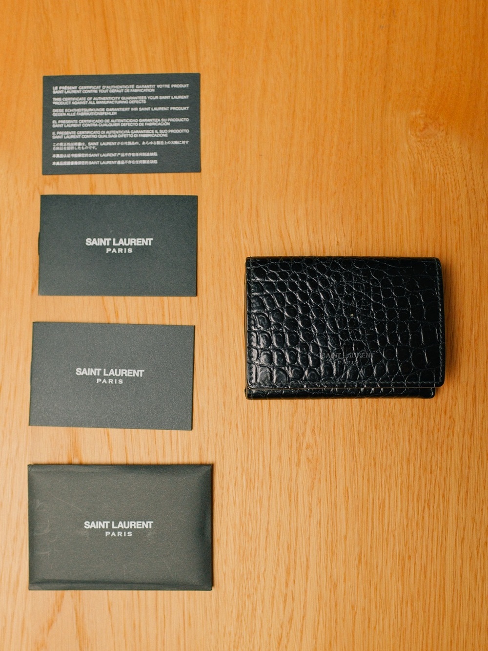 Saint Laurent Paris Black Croc Embossed Leather Trifold Wallet